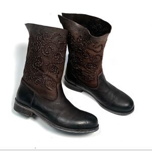 KBR Womans Boots Brown Leather Embroidered Boots Booties 38.5